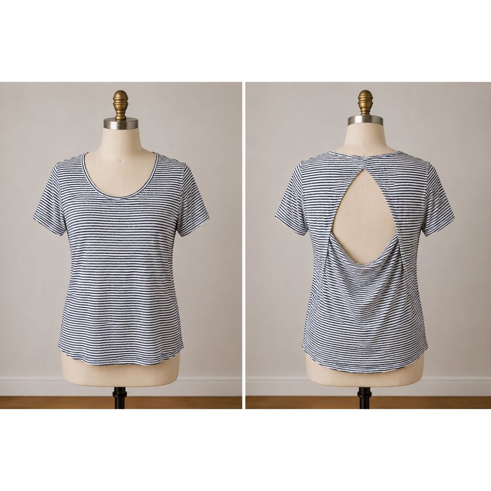 Champion Womens Large Striped Open Back Athletic Top Navy White Tee - Picture 1 of 6
